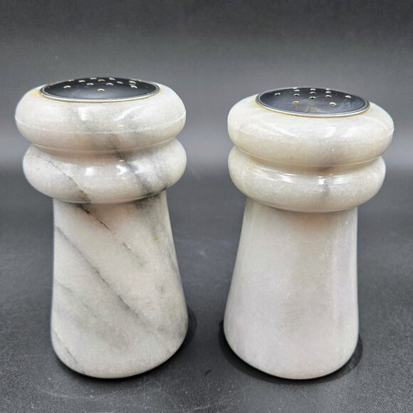 Marble Salt & Pepper Shakers White Grey Heavy Set Read - Picture 6 of 9
